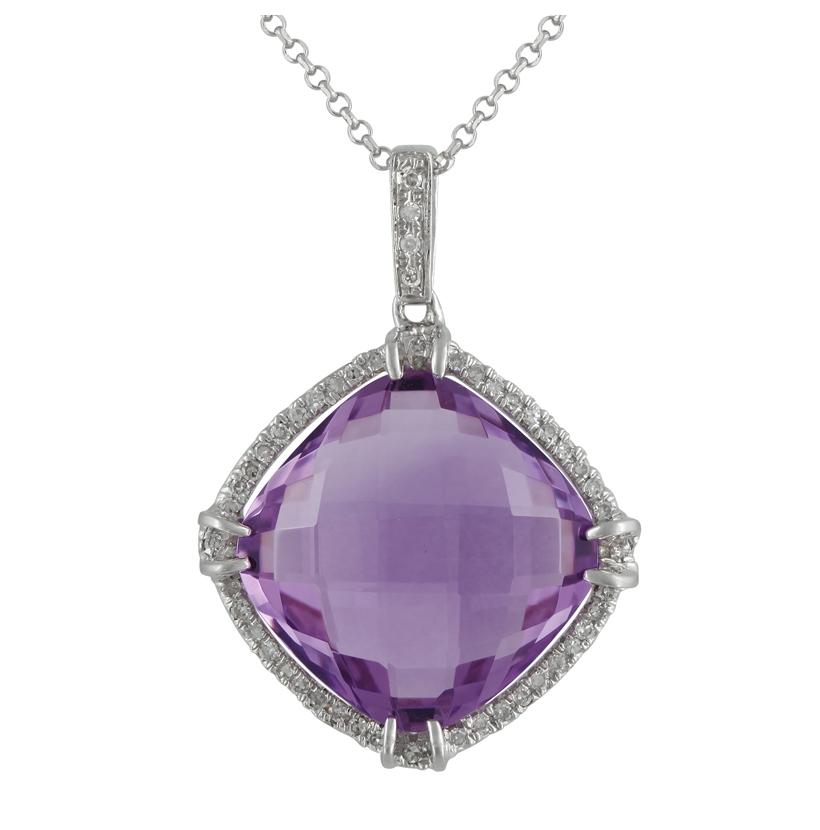 0.16 Ctw Diamond 14k White Gold Amethyst Round Shape Womens Gemstone Necklace Pendant With 16 Inch Chain