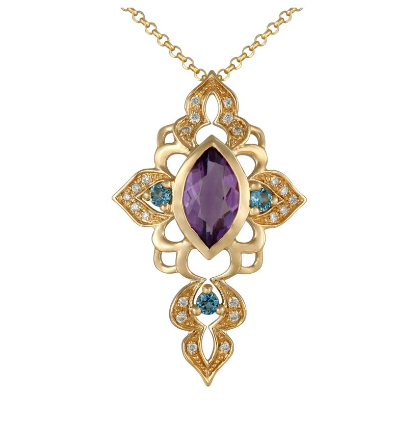 0.08 Ctw Diamond 14k Yellow Gold Topaz Amethyst Round Shape Womens Gemstone Necklace Pendant With 16 Inch Chain