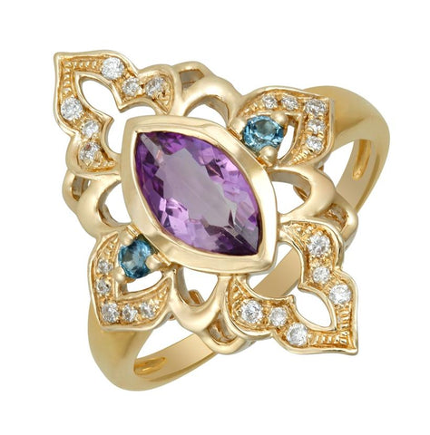 0.13 Ctw Diamond 14k Yellow Gold Topaz Amethyst Round Shape Womens Gemstone Ring