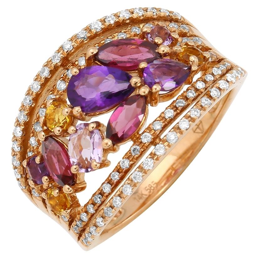 0.3 Ctw Diamond 14k Rose Gold Amethyst Citrine Rhodolite Round Shape Womens Gemstone Ring