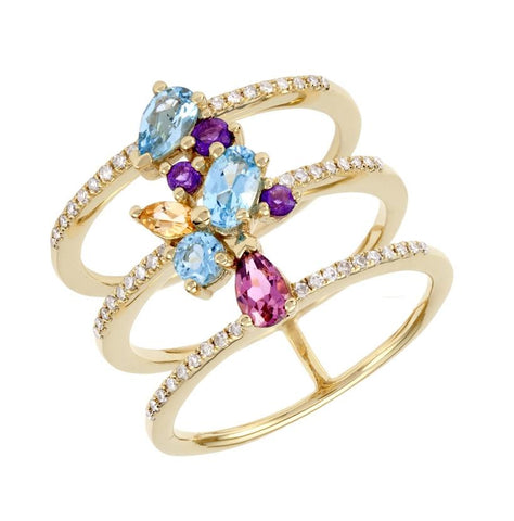 0.18 Ctw Diamond 14k Yellow Gold Multi-color Round Shape Womens Gemstone Ring