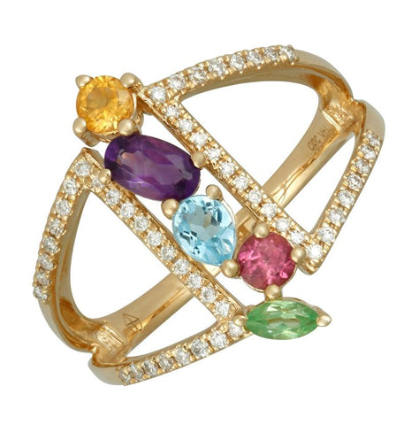 0.19 Ctw Diamond 14k Yellow Gold Tsavorite Amethyst Round Shape Womens Gemstone Ring