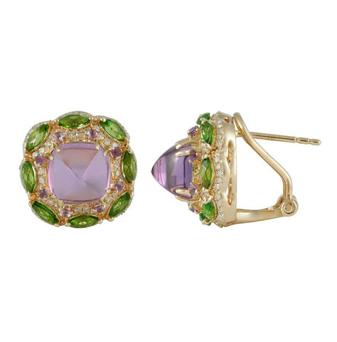 0.48 Ctw Diamond 14k Yellow Gold Diopside Amethyst Round Shape Womens Gemstone Earrings