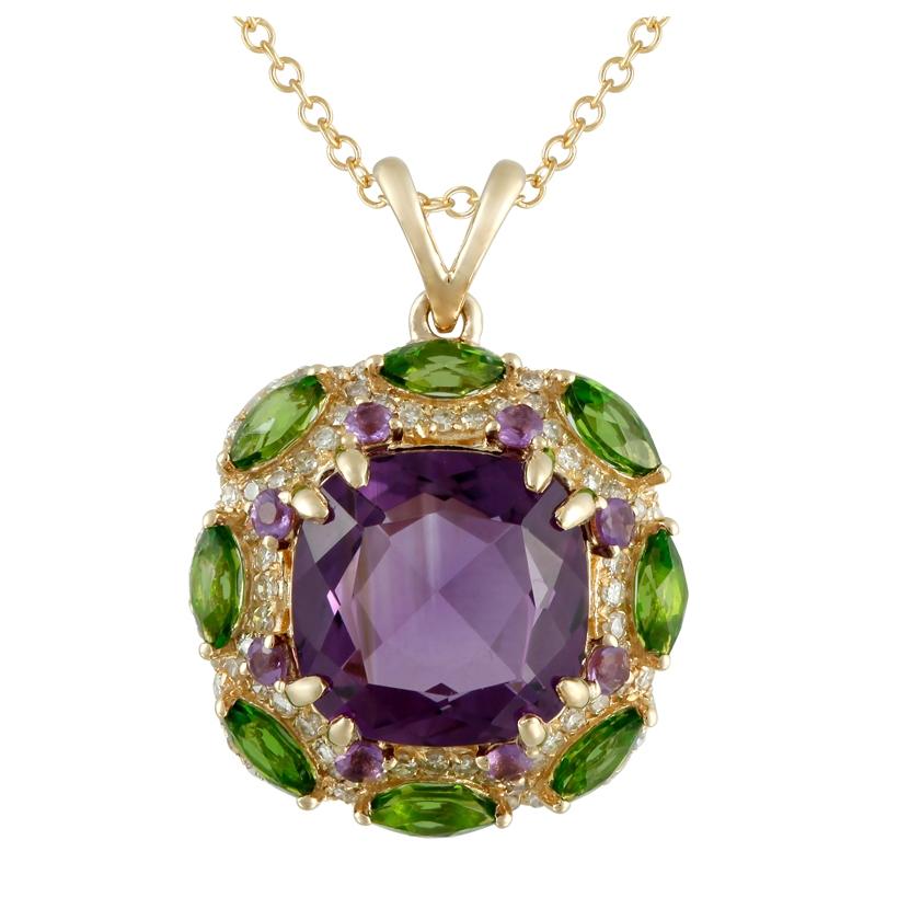 0.29 Ctw Diamond 14k Yellow Gold Diopside Amethyst Round Shape Womens Gemstone Necklace Pendant With 16 Inch Chain