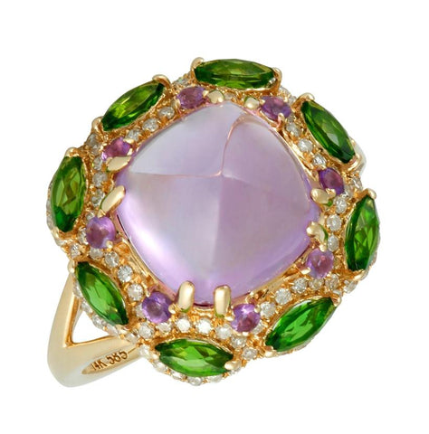0.29 Ctw Diamond 14k Yellow Gold Diopside Amethyst Round Shape Womens Gemstone Ring