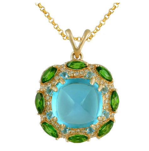 0.3 Ctw Diamond 14k Yellow Gold Diopside Topaz Round Shape Womens Gemstone Necklace Pendant With 16 Inch Chain