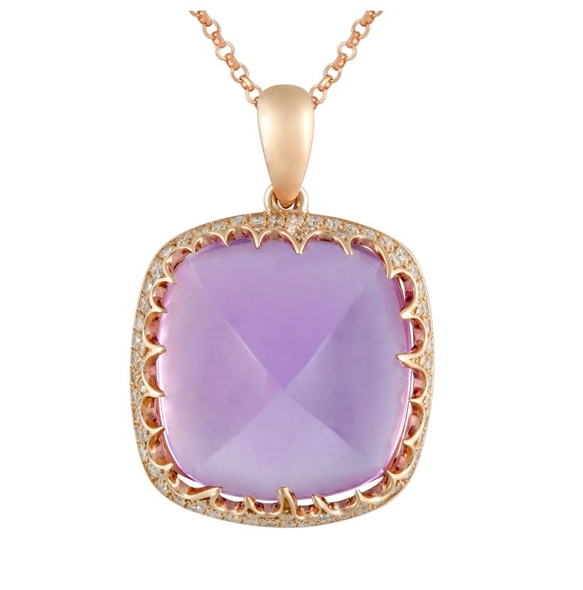 0.31 Ctw Diamond 14k Rose Gold Amethyst Round Shape Womens Gemstone Necklace Pendant With 16 Inch Chain