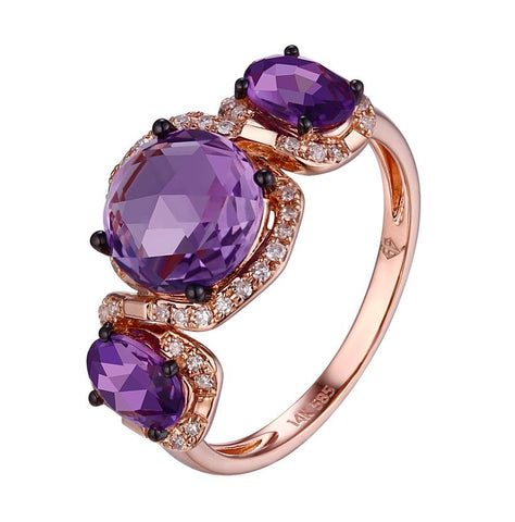 0.13 Ctw Diamond 14k Rose Gold Amethyst Round Shape Womens Gemstone Ring