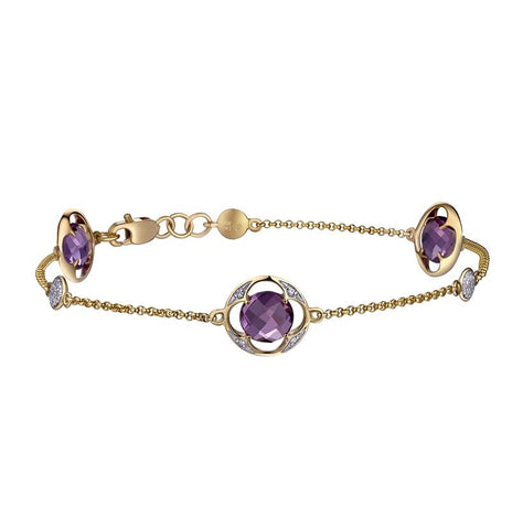 0.1 Ctw Diamond 14k Yellow Gold Amethyst Round Shape Womens Gemstone Bracelet