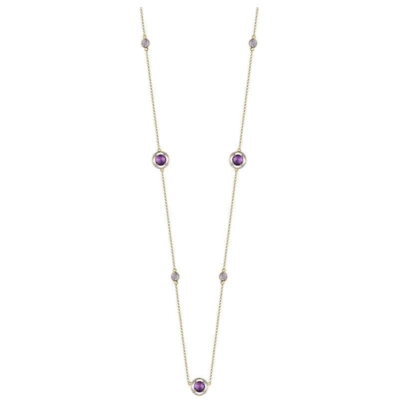 0.12 Ctw Diamond 14k Yellow Gold Amethyst Round Shape Womens Gemstone Necklace