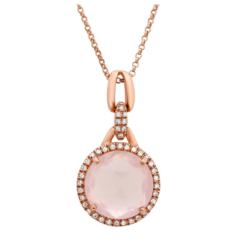 0.12 Ctw Diamond 14k Rose Gold Quartz Round Shape Womens Gemstone Necklace Pendant With 16 Inch Chain