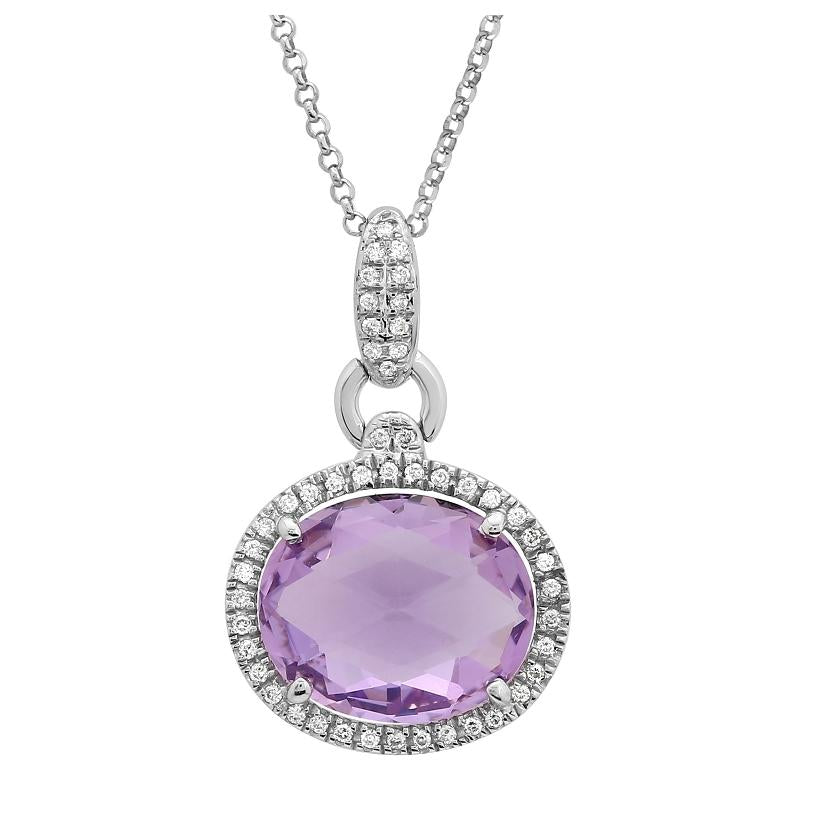 0.14 Ctw Diamond 14k White Gold Amethyst Round Shape Womens Gemstone Necklace Pendant With 16 Inch Chain