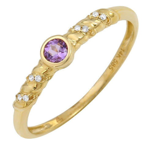 0.02 Ctw Diamond 14k Yellow Gold Amethyst Round Shape Womens Gemstone Ring