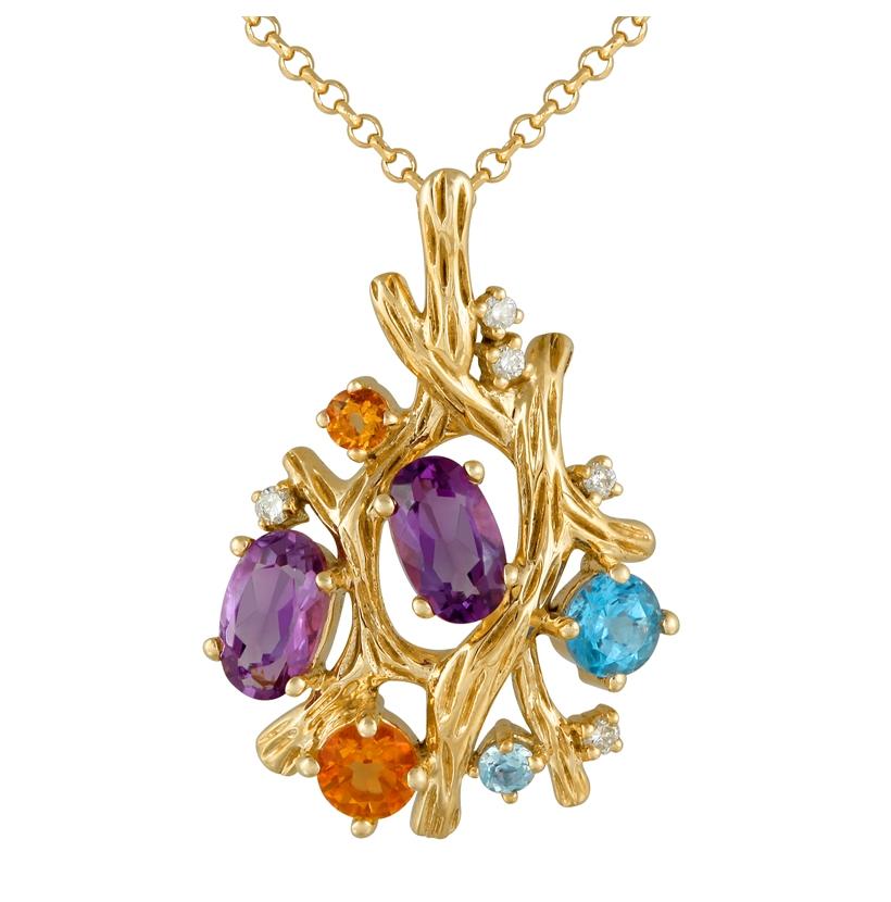 0.03 Ctw Diamond 14k Yellow Gold Amethyst Citrine Topaz Round Shape Womens Gemstone Necklace Pendant With 16 Inch Chain