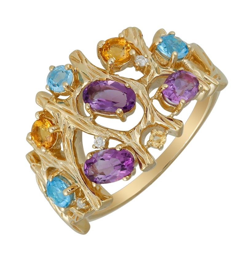 0.02 Ctw Diamond 14k Yellow Gold Amethyst Citrine Topaz Round Shape Womens Gemstone Ring