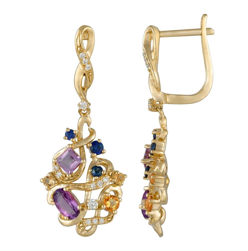 0.13 Ctw Diamond 14k Yellow Gold Amethyst Sapphire Citrine Round Shape Womens Gemstone Earrings