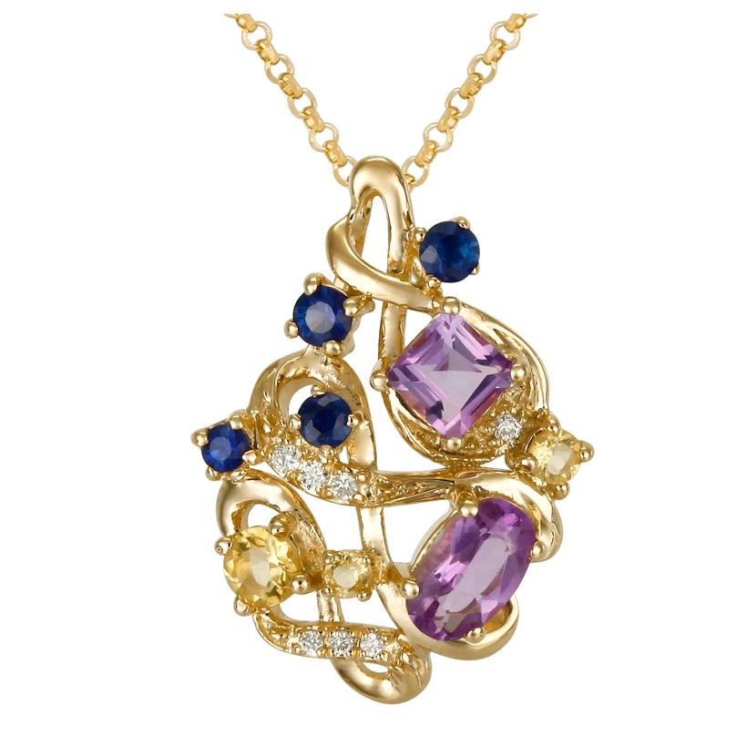 0.02 Ctw Diamond 14k Yellow Gold Amethyst Sapphire Citrine Round Shape Womens Gemstone Necklace Pendant With 16 Inch Chain