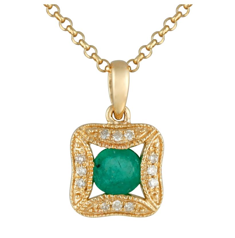 0.03 Ctw Diamond 14k Yellow Gold Emerald Round Shape Womens Gemstone Necklace Pendant With 16 Inch Chain