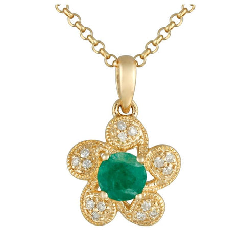 0.05 Ctw Diamond 14k Yellow Gold Emerald Round Shape Womens Gemstone Necklace Pendant With 16 Inch Chain