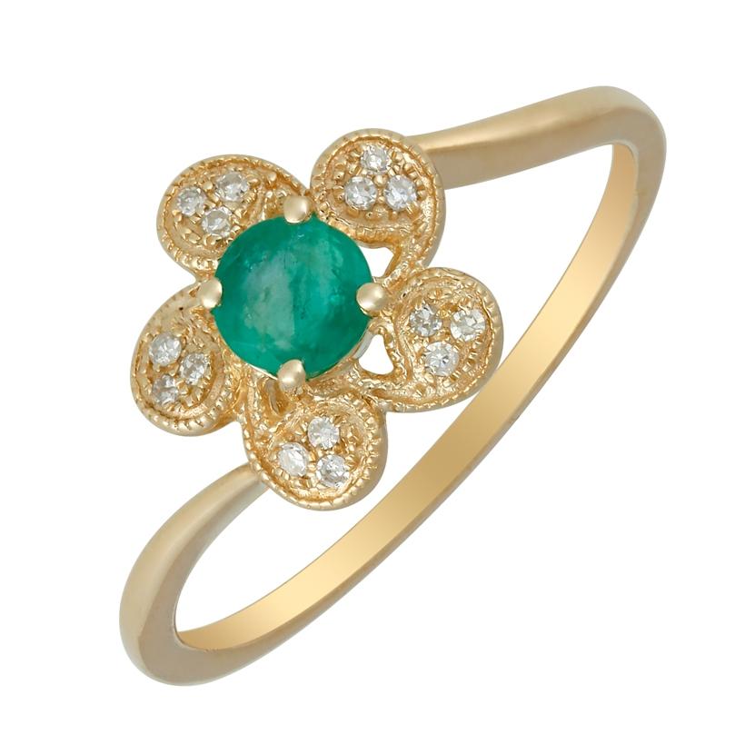 0.05 Ctw Diamond 14k Yellow Gold Emerald Round Shape Womens Gemstone Ring