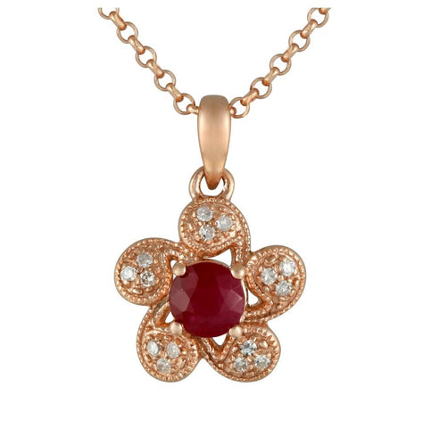 0.05 Ctw Diamond 14k Rose Gold Ruby Round Shape Womens Gemstone Necklace Pendant With 16 Inch Chain