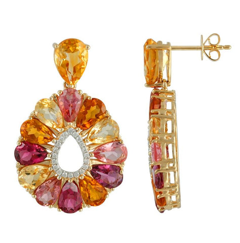 0.14 Ctw Diamond 14k Yellow Gold Citrine Quartz Round Shape Womens Gemstone Earrings