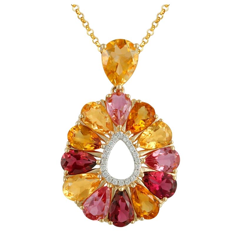 0.07 Ctw Diamond 14k Yellow Gold Citrine Quartz Round Shape Womens Gemstone Necklace Pendant With 16 Inch Chain