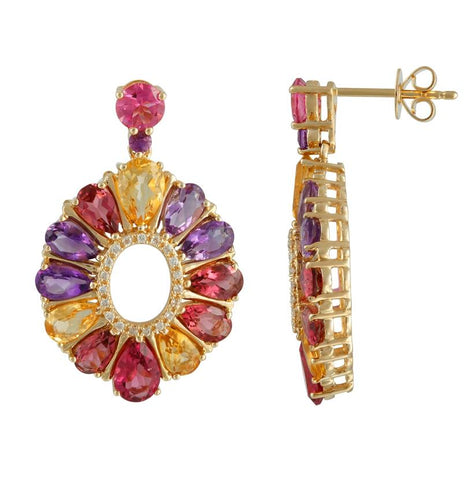 0.11 Ctw Diamond 14k Yellow Gold Tourmaline Citrine Amethyst Round Shape Womens Gemstone Earrings