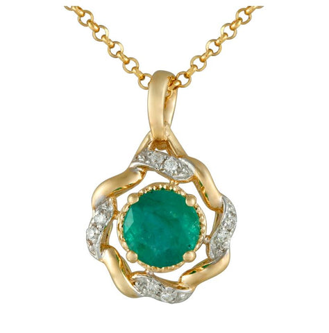 0.03 Ctw Diamond 14k Yellow Gold Emerald Round Shape Womens Gemstone Necklace Pendant With 16 Inch Chain