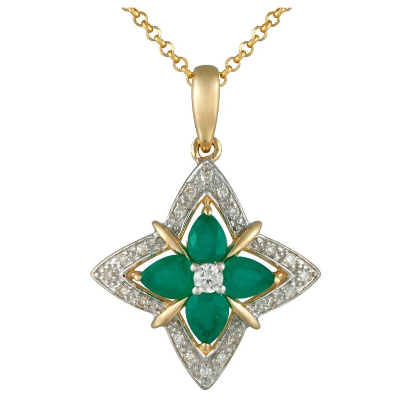 0.1 Ctw Diamond 14k Yellow Gold Emerald Round Shape Womens Gemstone Necklace Pendant With 16 Inch Chain