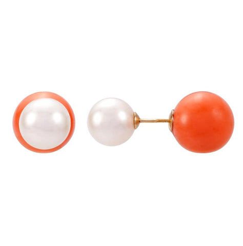 14k Yellow Gold Coral Round Shape Womens Gemstone Earrings