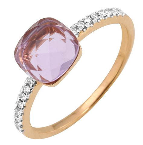 0.09 Ctw Diamond 14k Rose Gold Amethyst Round Shape Womens Gemstone Ring