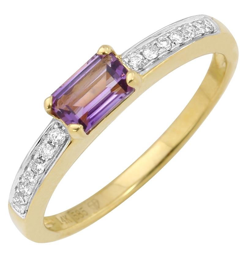 0.09 Ctw Diamond 14k Yellow Gold Amethyst Round Shape Womens Gemstone Ring