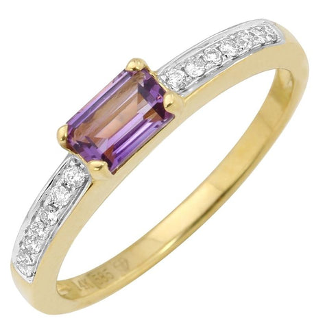 0.09 Ctw Diamond 14k Yellow Gold Amethyst Round Shape Womens Gemstone Ring