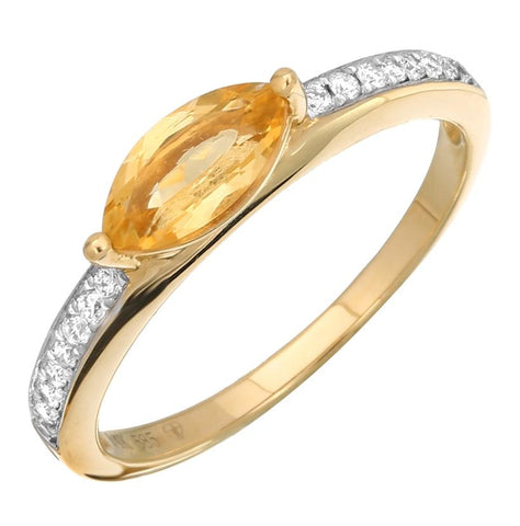 0.1 Ctw Diamond 14k Yellow Gold Citrine Round Shape Womens Gemstone Ring