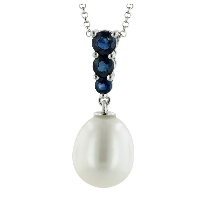 14k White Gold Sapphire Pearl Necklace Pendant With 16 Inch Chain