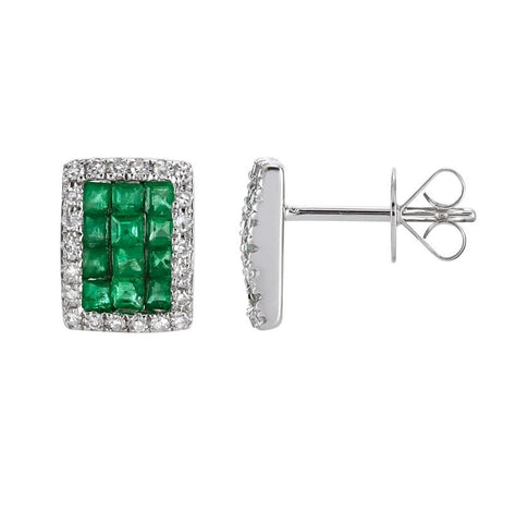 0.18 Ctw Diamond 14k White Gold Emerald Round Shape Womens Gemstone Earrings