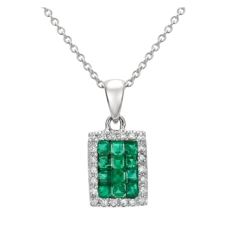 0.09 Ctw Diamond 14k White Gold Emerald Round Shape Womens Gemstone Necklace Pendant With 16 Inch Chain