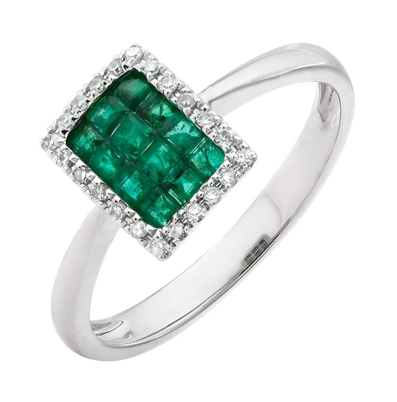 0.09 Ctw Diamond 14k White Gold Emerald Round Shape Womens Gemstone Ring