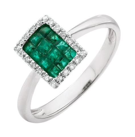 0.09 Ctw Diamond 14k White Gold Emerald Round Shape Womens Gemstone Ring