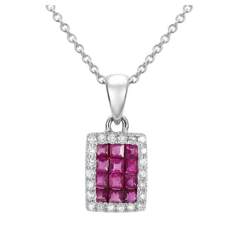 0.09 Ctw Diamond 14k White Gold Ruby Round Shape Womens Gemstone Necklace Pendant With 16 Inch Chain