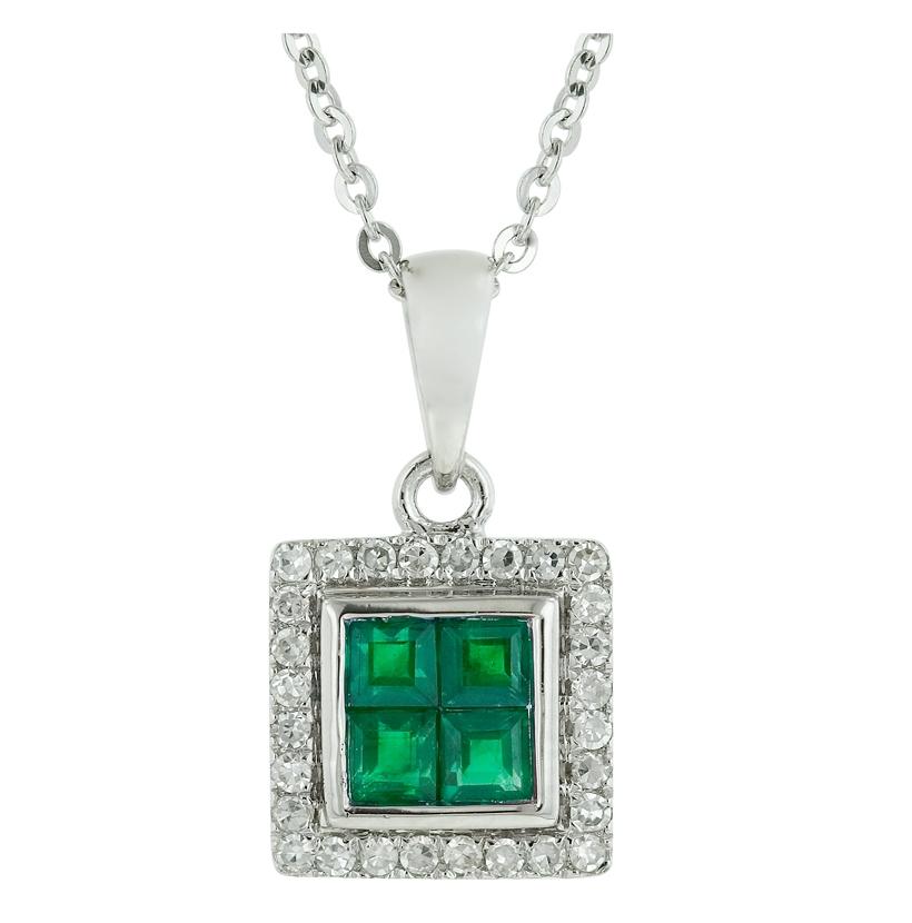 0.12 Ctw Diamond 14k White Gold Emerald Round Shape Womens Gemstone Necklace Pendant With 16 Inch Chain