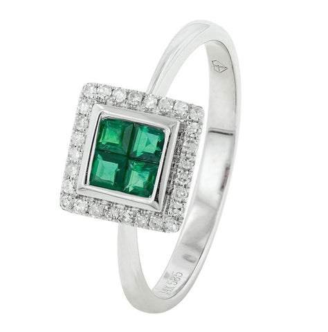 0.12 Ctw Diamond 14k White Gold Emerald Round Shape Womens Gemstone Ring