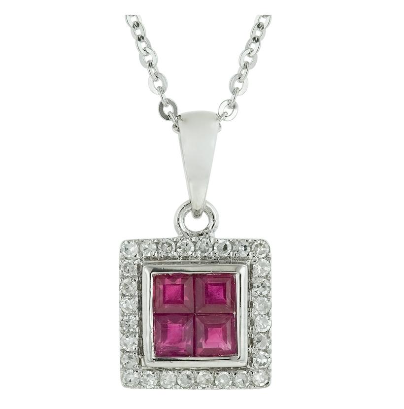 0.12 Ctw Diamond 14k White Gold Ruby Round Shape Womens Gemstone Necklace Pendant With 16 Inch Chain