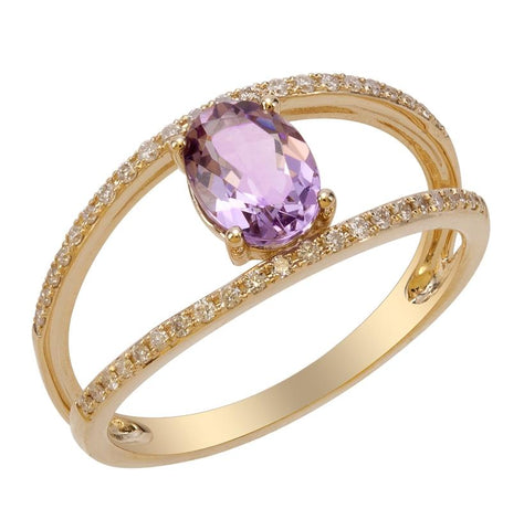 0.16 Ctw Diamond 14k Yellow Gold Amethyst Round Shape Womens Gemstone Ring