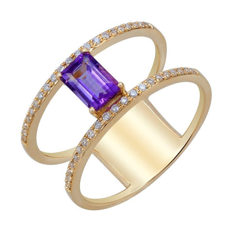 0.14 Ctw Diamond 14k Yellow Gold Amethyst Round Shape Womens Gemstone Ring