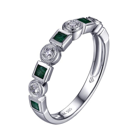 0.13 Ctw Diamond 14k White Gold Emerald Round Shape Womens Gemstone Ring