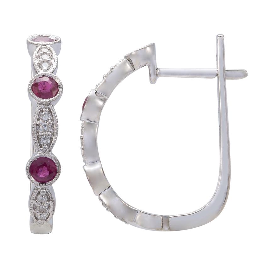 0.08 Ctw Diamond 14k White Gold Ruby Round Shape Womens Gemstone Earrings