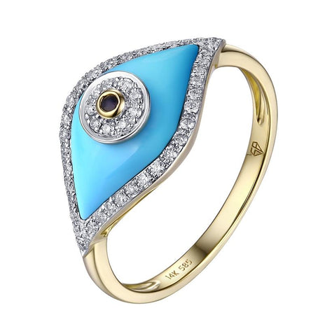 0.15 Ctw Diamond 14k Yellow Gold Sapphire Turquoise Round Shape Womens Gemstone Ring