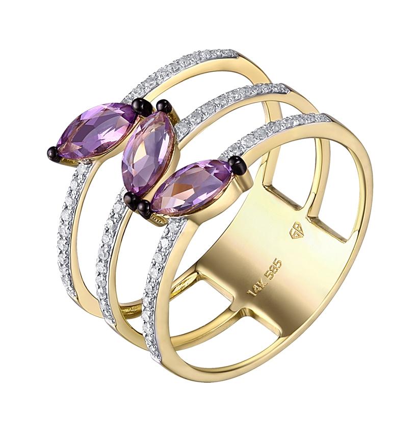 0.15 Ctw Diamond 14k Yellow Gold Amethyst Round Shape Womens Gemstone Ring